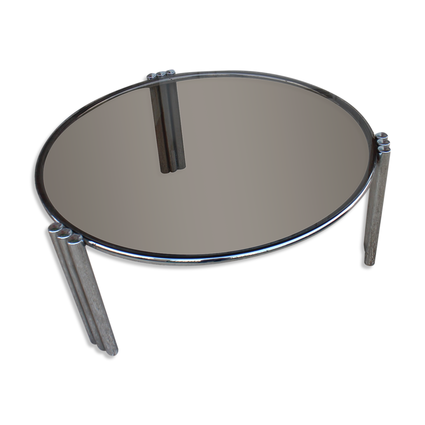 Round coffee table chrome and smoked glass 1970