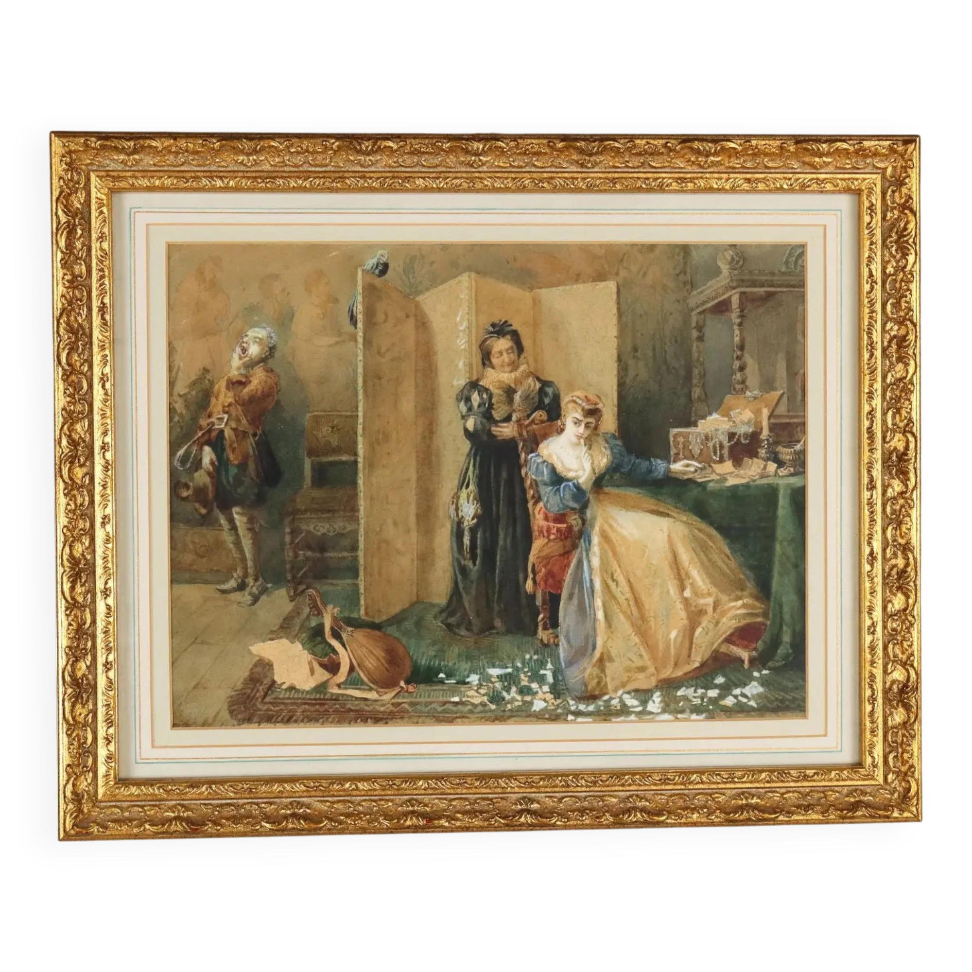 Old painting signed Pietro Michis, interior scene, 19th century.