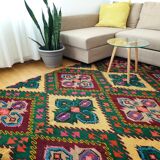 Tapis roumain vintage 330X176 cm tissé à la main dans la laine jaune et vert design géométrique