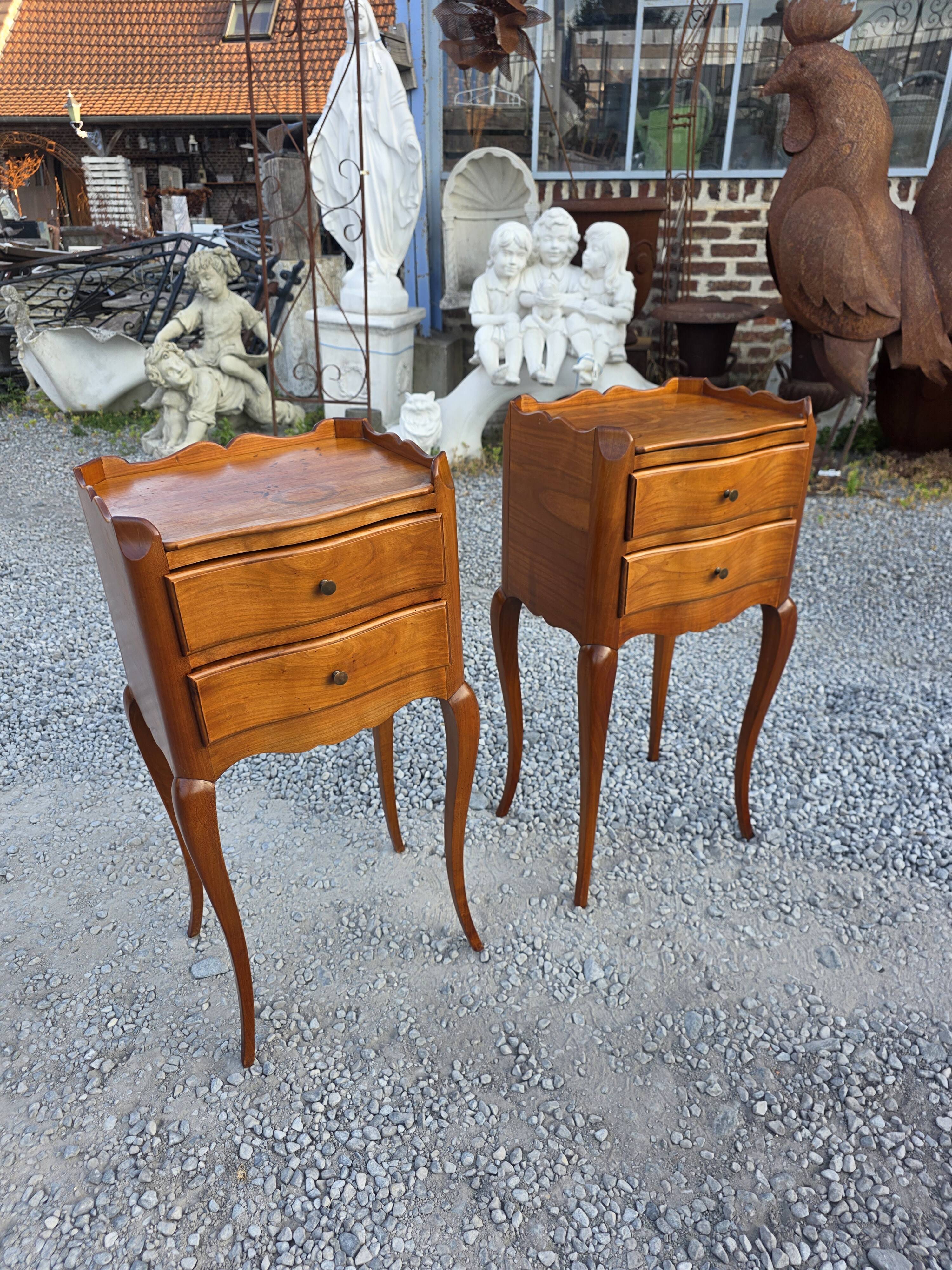 Pair of Louis XV style bedside tables in solid cherry wood.