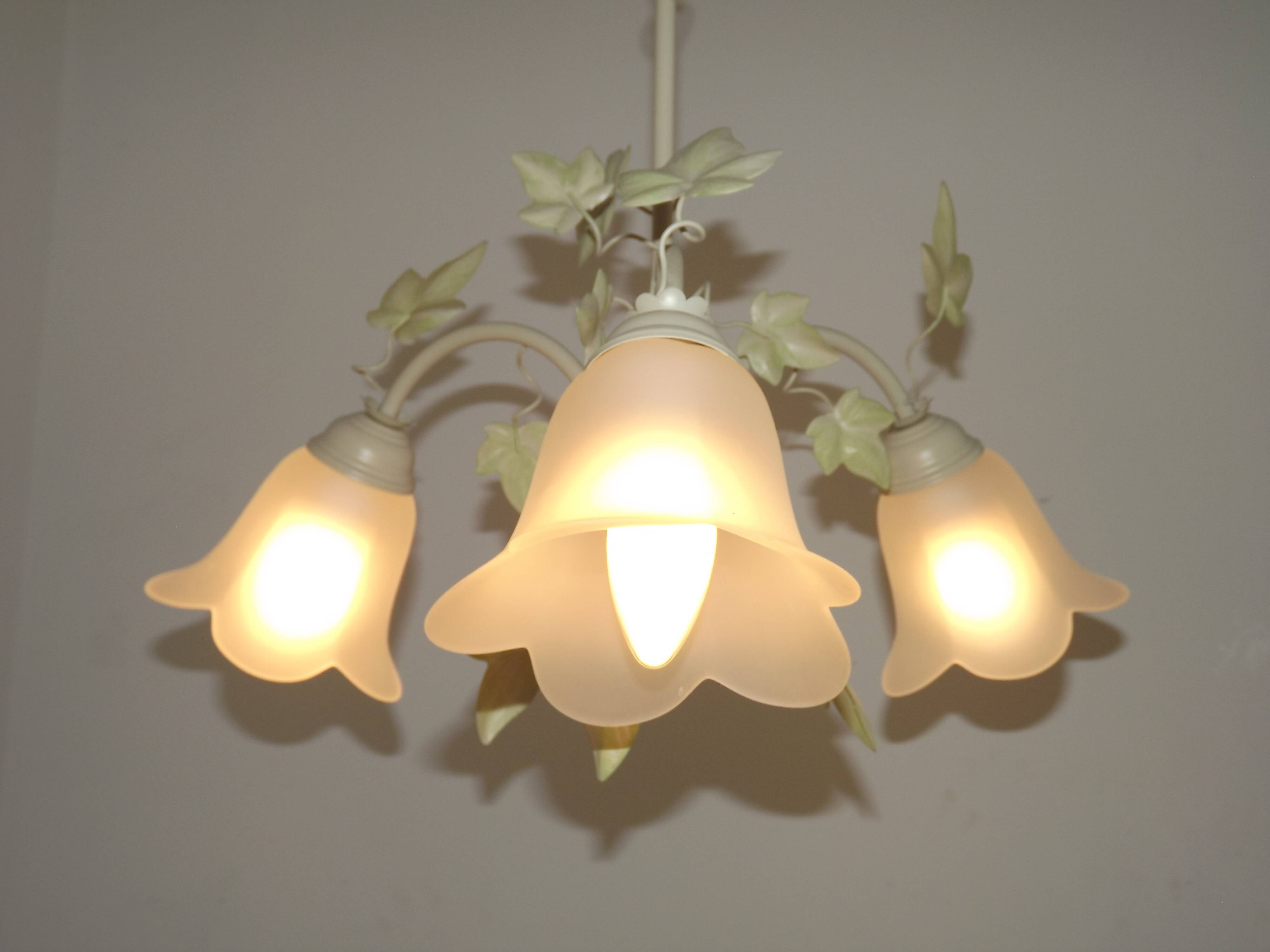 French Vintage 3 Light Green Ivy Chandelier with Opaque Glass Shades