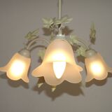 French Vintage 3 Light Green Ivy Chandelier with Opaque Glass Shades