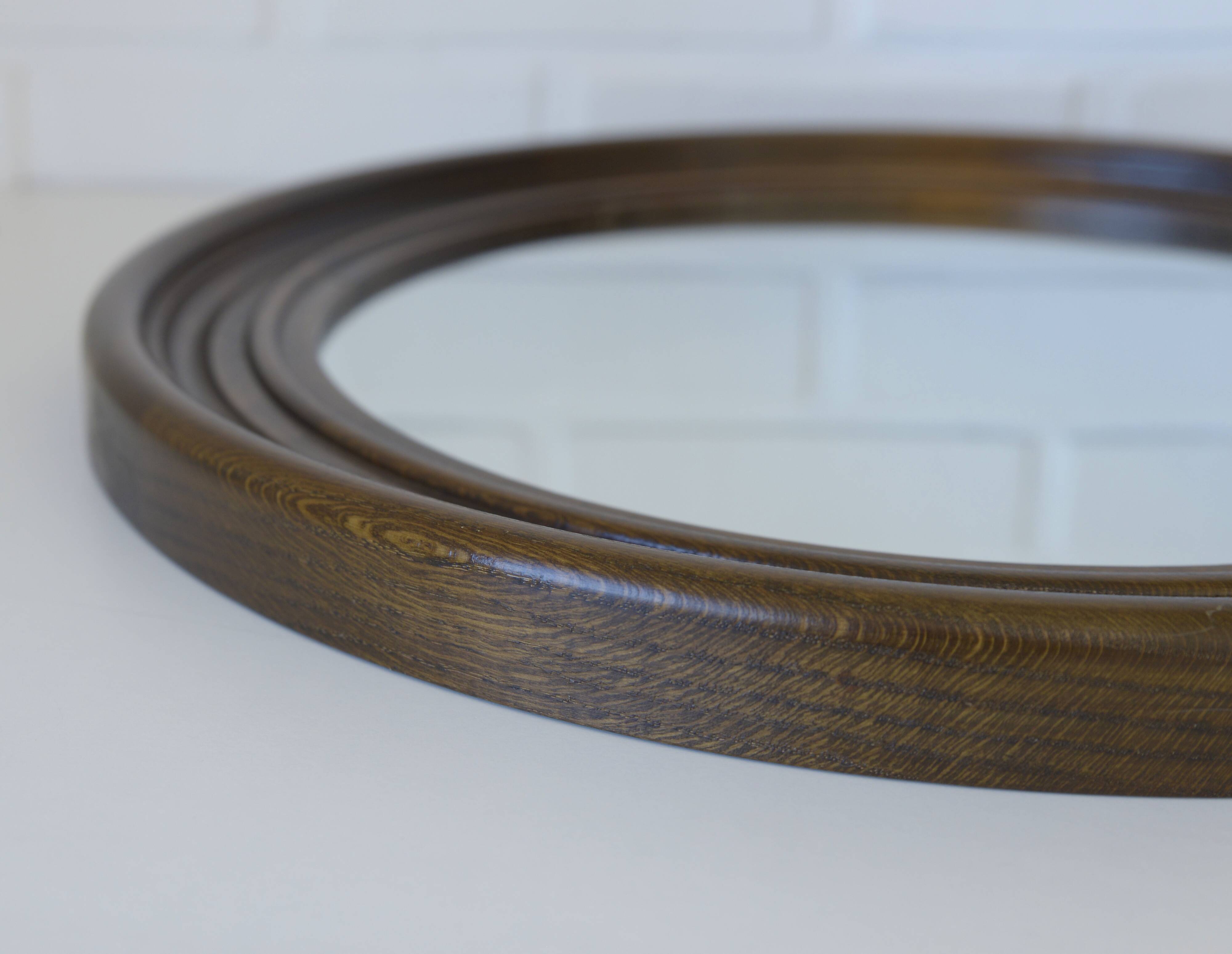 Grand miroir mural vintage en bois de chêne tourné, miroir de courtoisie rond rustique