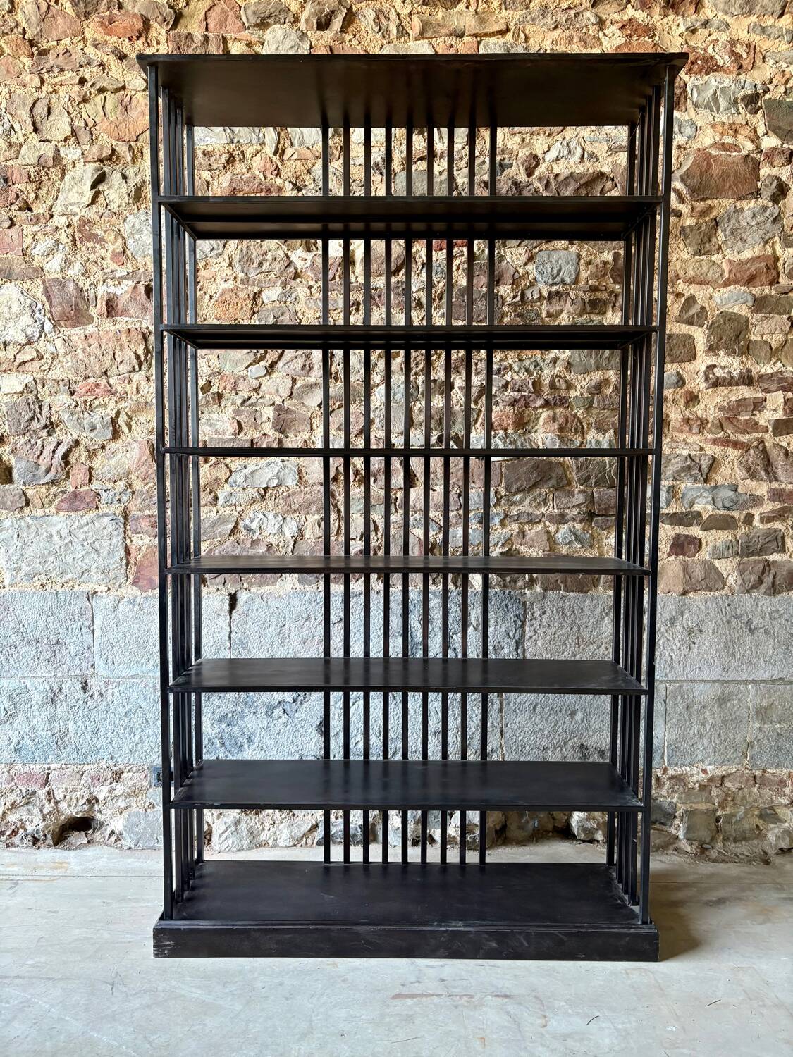 Large industrial black metal shelf – openwork graphic structure