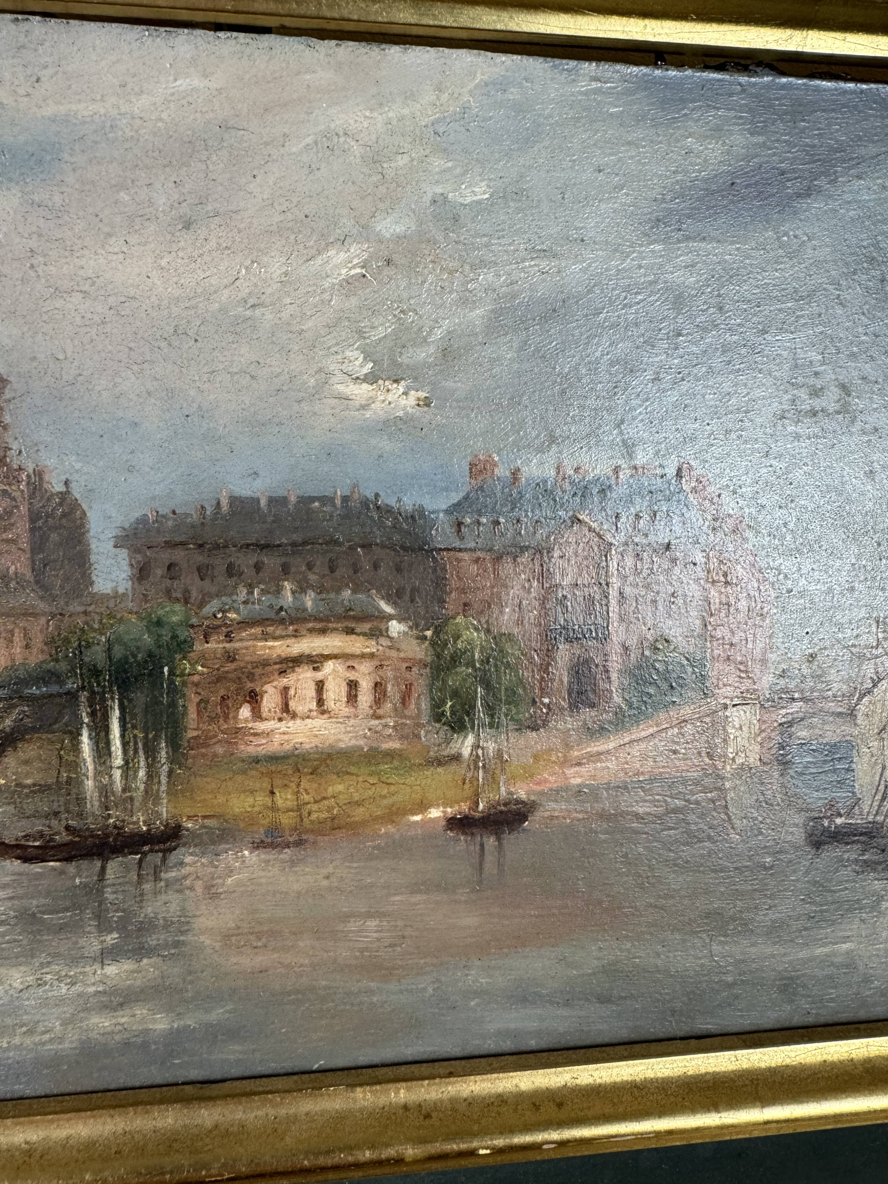 oil on panel "view of Paris from the Seine" circa 1860