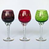 Set of 3 colored wine glasses - Ruby, red, green, gold and twisted foot