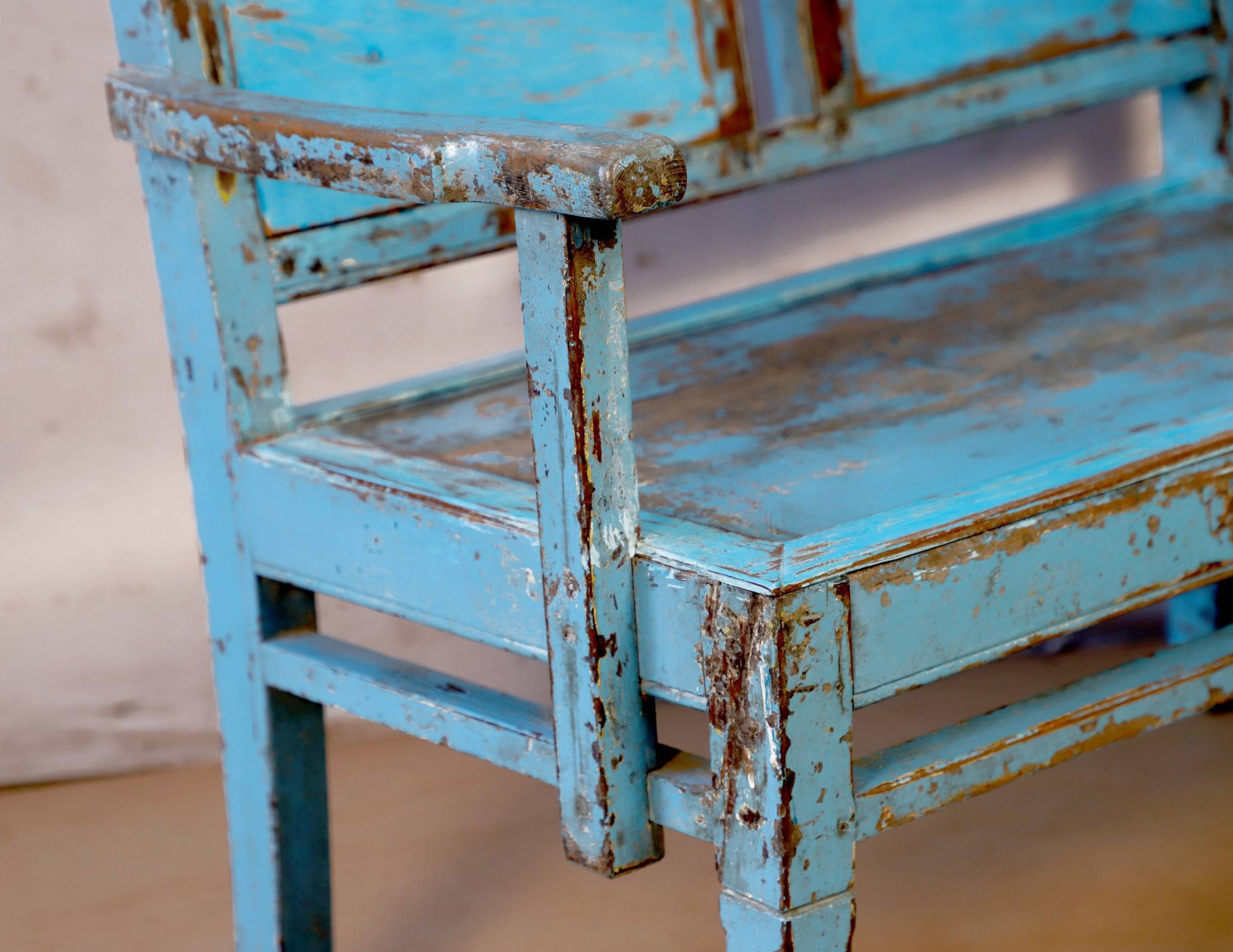 Old 2-seater Burmese teak bench with original blue patina
