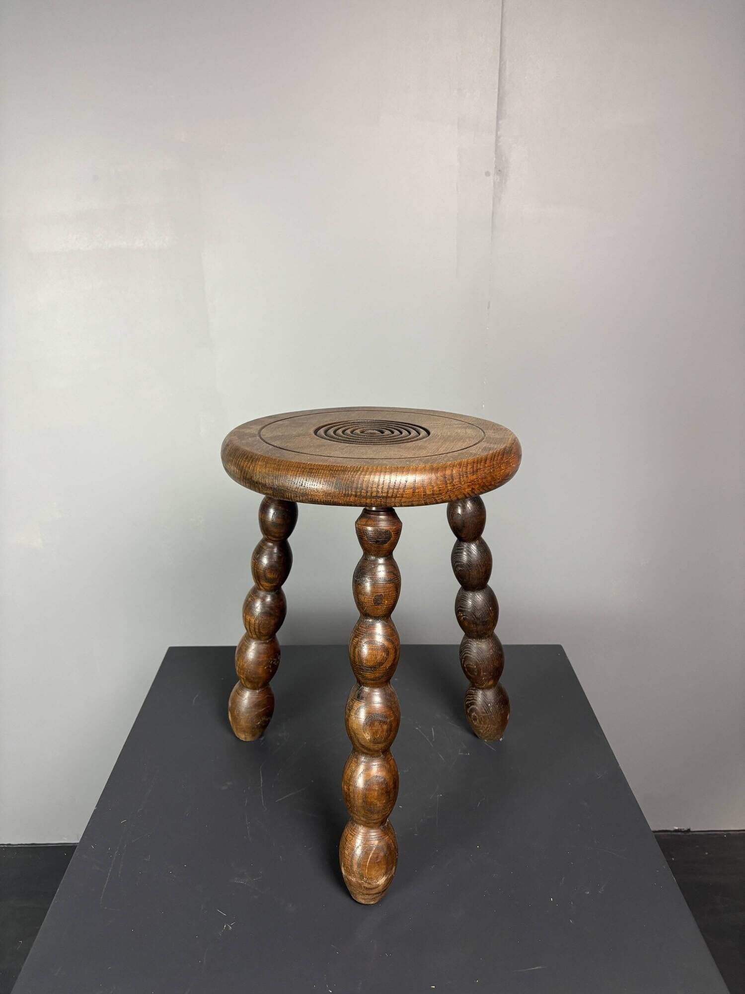 Midcentury bobbin wood turned stool, Charles Dudouyt style, France, 1950s