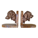 Pair of dog head bookends in spelter on marble slab, signed Lecourtier - sculptures