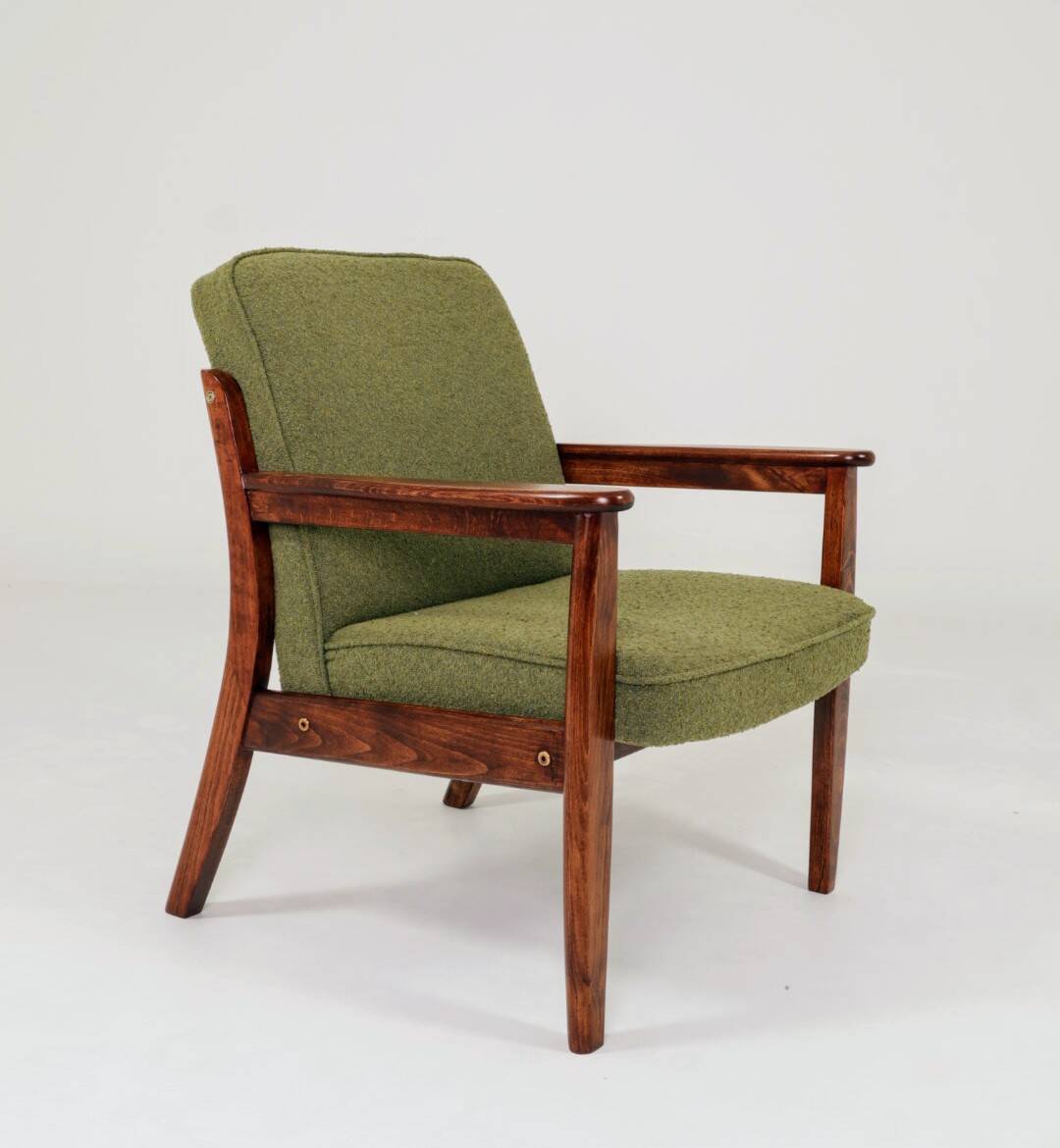 Fauteuil rétro en tissu boucle vert, forme ergonomique