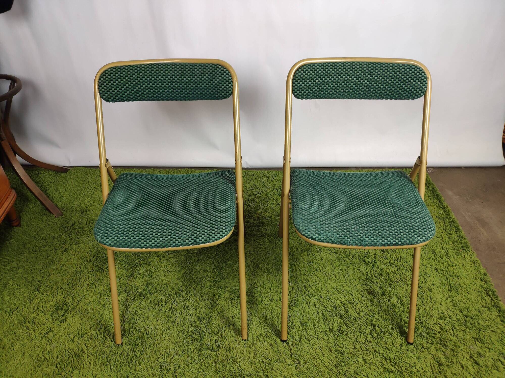 Lot of 4 folding chairs striped fabrics and green metal year 60