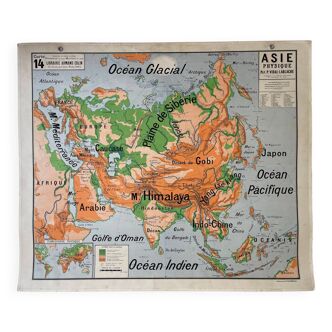 Carte scolaire ancienne,  asie physique n. 14 librairie armand collin, france, années 50-60