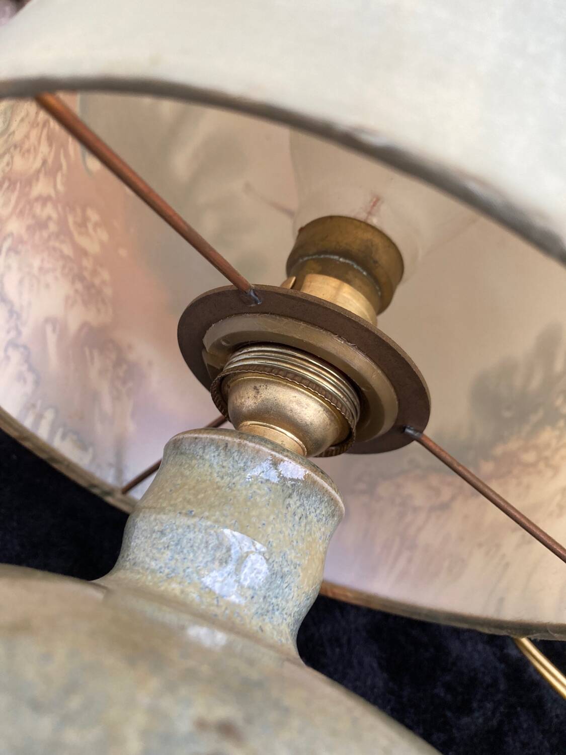 Vintage enamelled stoneware lamp with silk lampshade