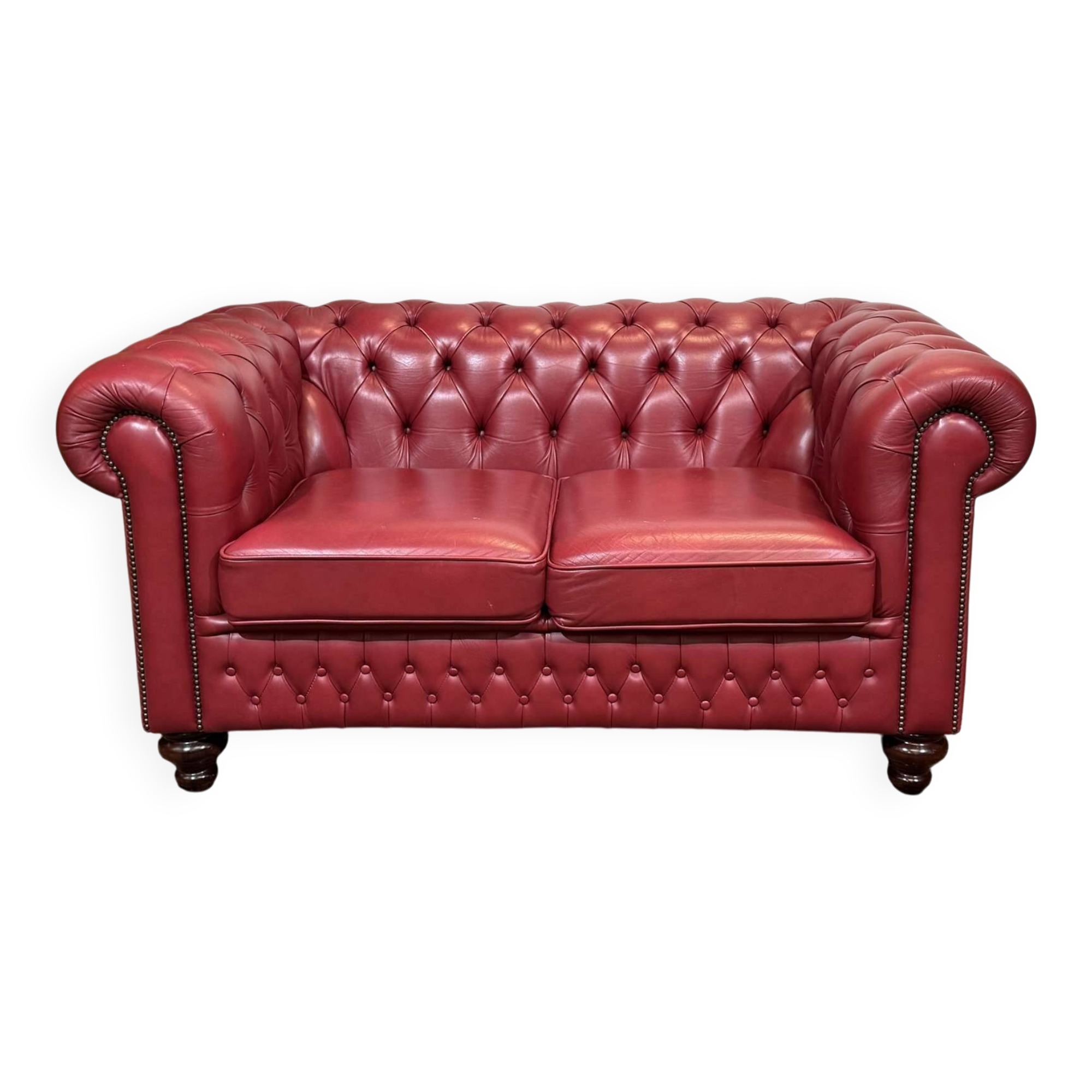 Chesterfield 2-seater leather sofa, modern production from the 2000s.