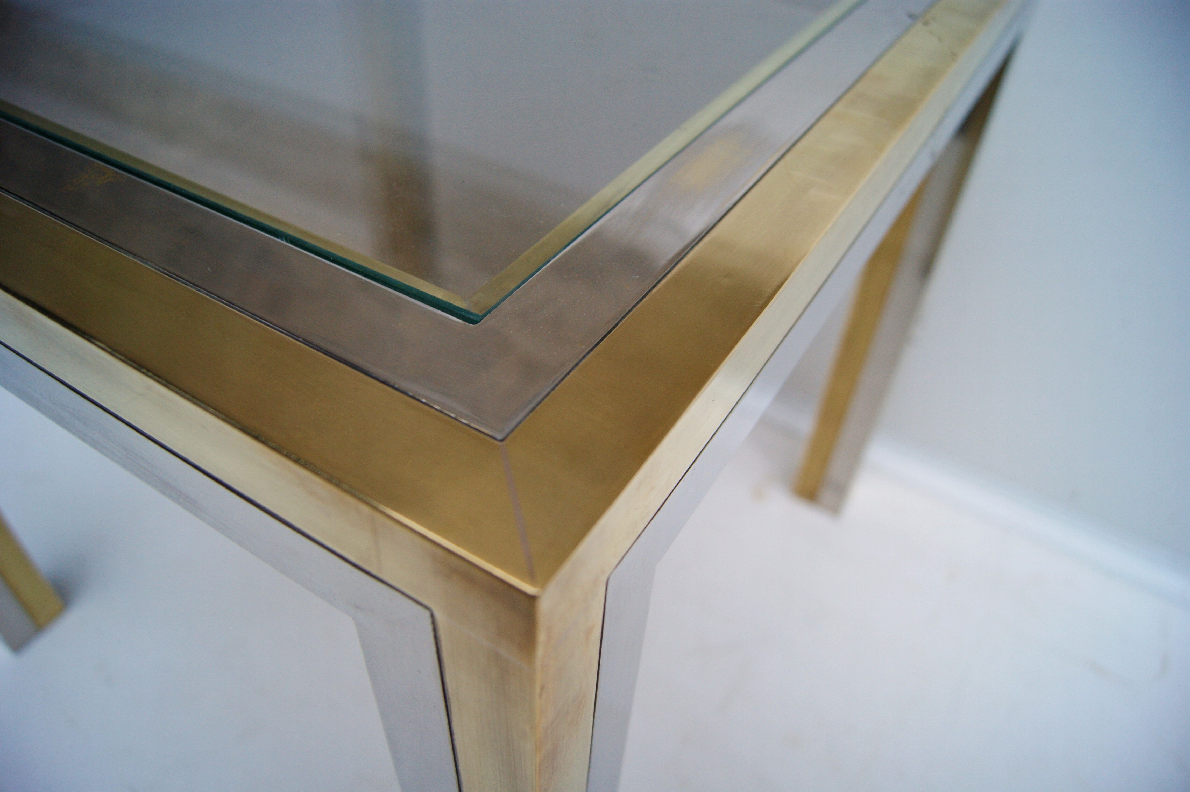 Piece of sofa coffee table brass chrome, brass. 2 glass trays. Italy 1970's