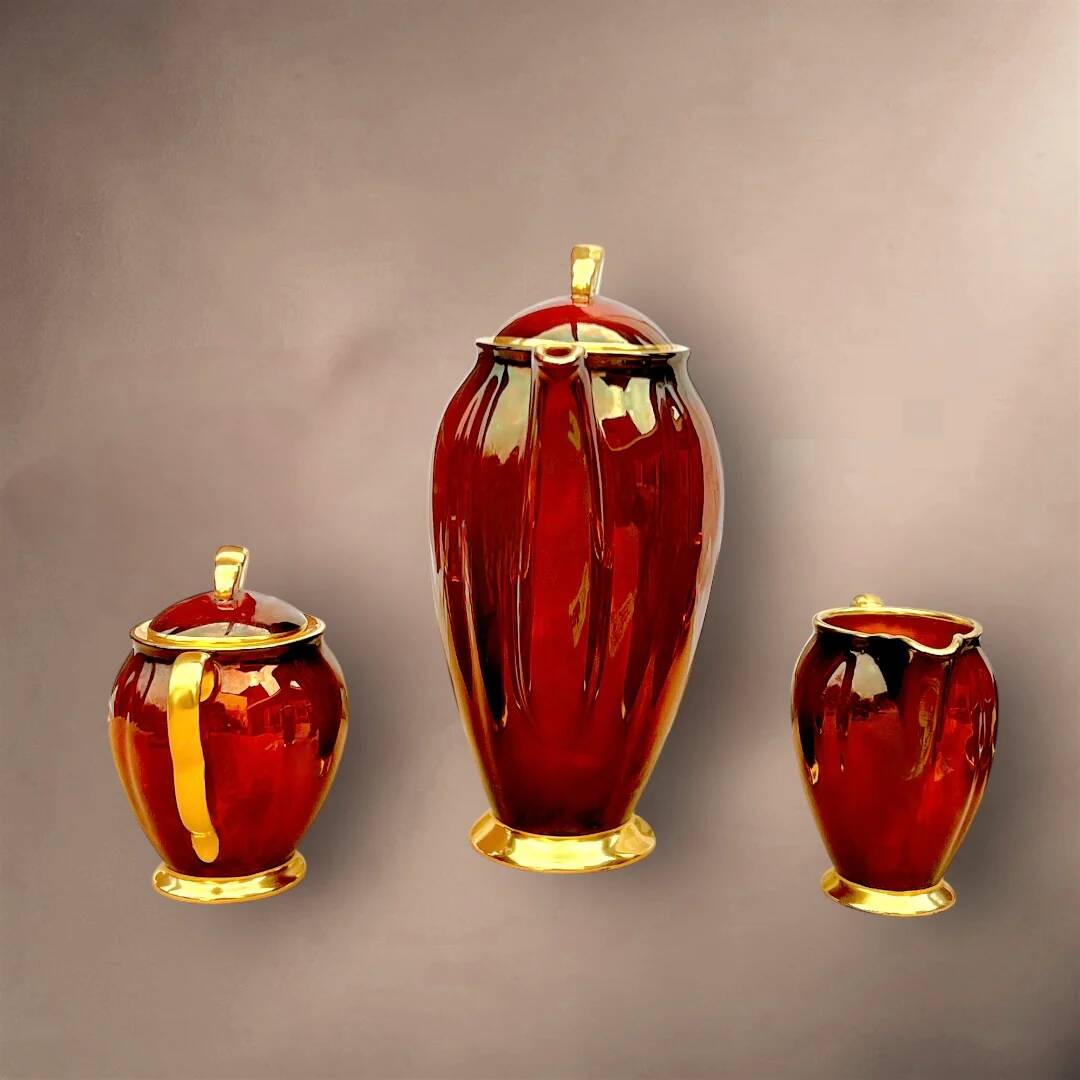 Vintage Carlton Ware coffee service “Rouge Royale” – 4 cups, coffee pot, sugar bowl, and milk jug – England 1940s-50s