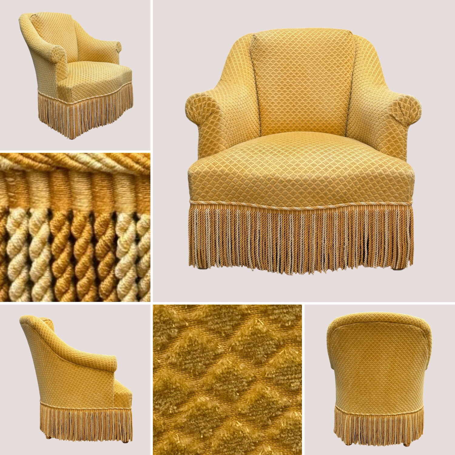 Fauteuil crapaud vintage jaune moutarde velours floqué
