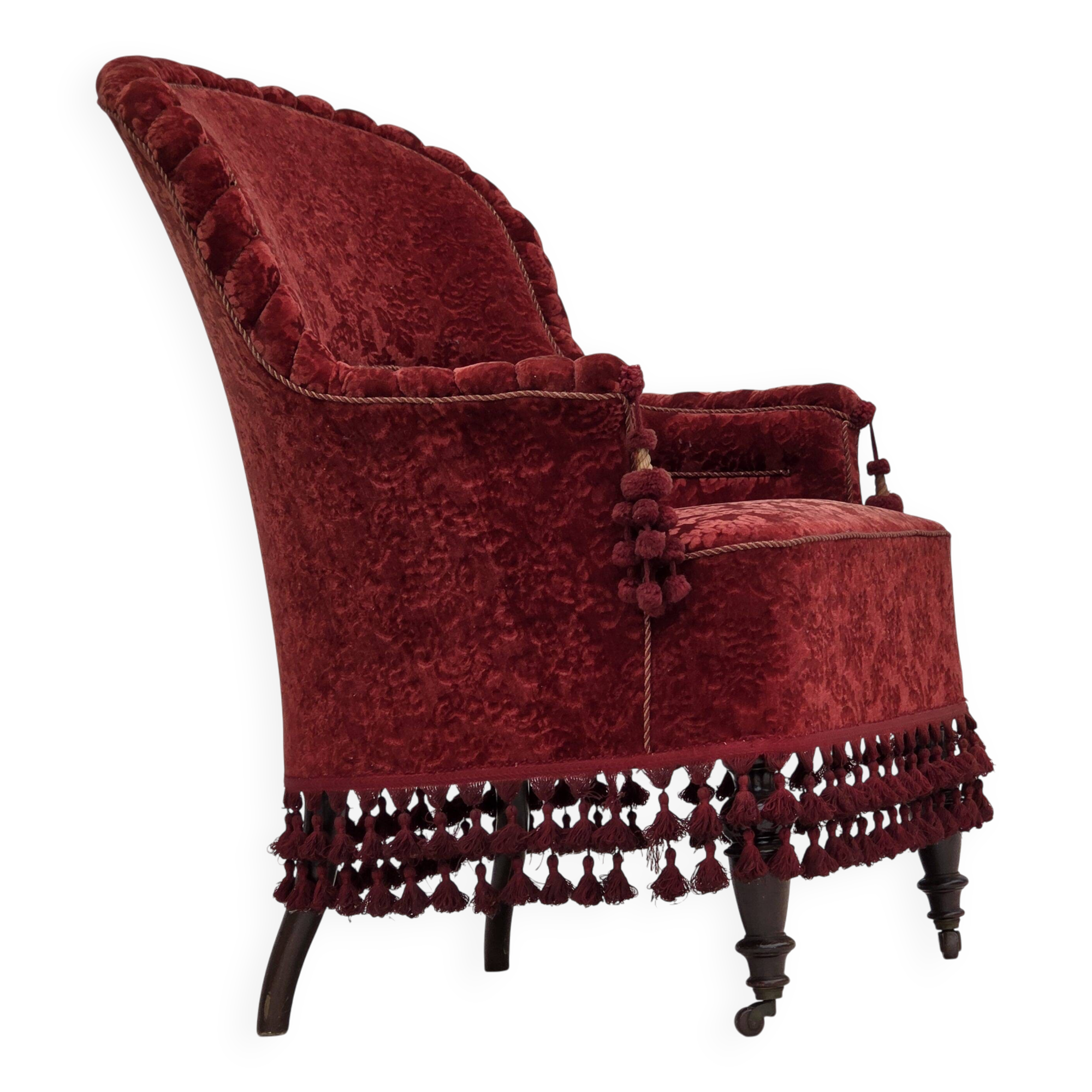 1950s, Danish highback armchair, furniture velour, beech wood legs.