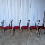 Set of 6 Vintage Bentwood Dining Chairs Set: 1970s , Red Uphols