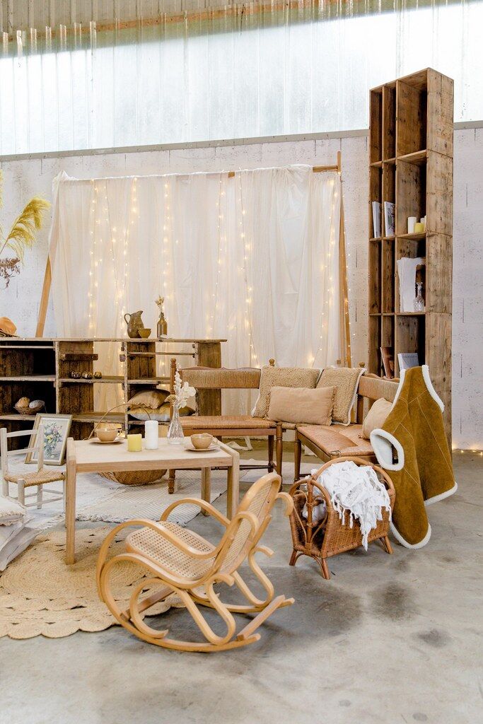 Wooden & straw corner bench