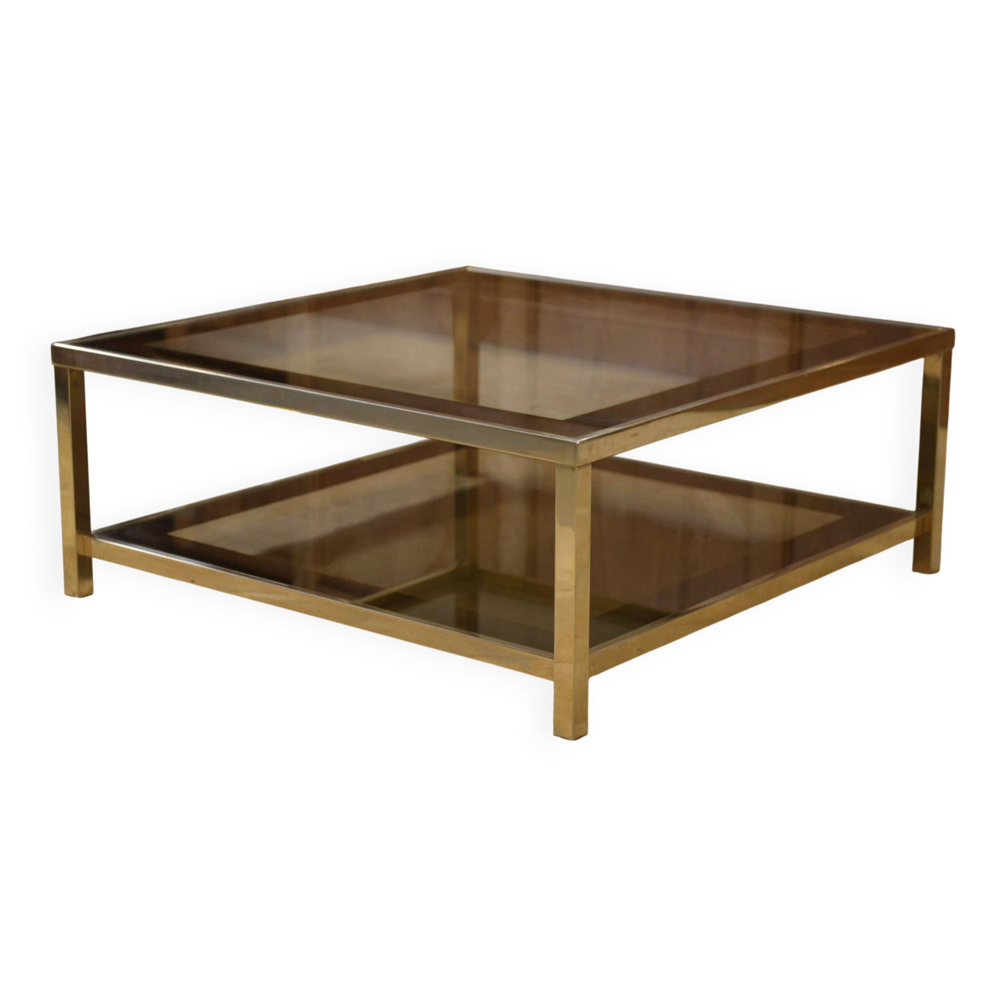 Hollywood Regency coffee table in smoked glass with mirrored framing from the 1970s.