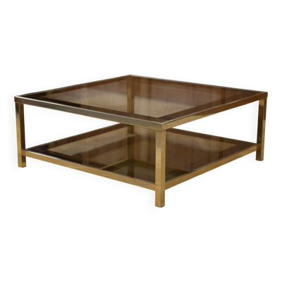 Table basse Hollywood Regency en verre fumé et encadrement miroité 1970