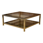 Table basse Hollywood Regency en verre fumé et encadrement miroité 1970