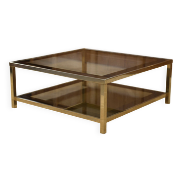Hollywood Regency coffee table in smoked glass with mirrored framing from the 1970s.