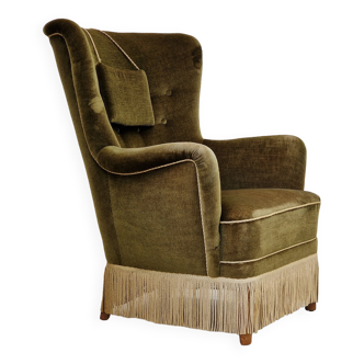 Années 1960, fauteuil danois vintage à dossier haut en velours vert, état d’origine.