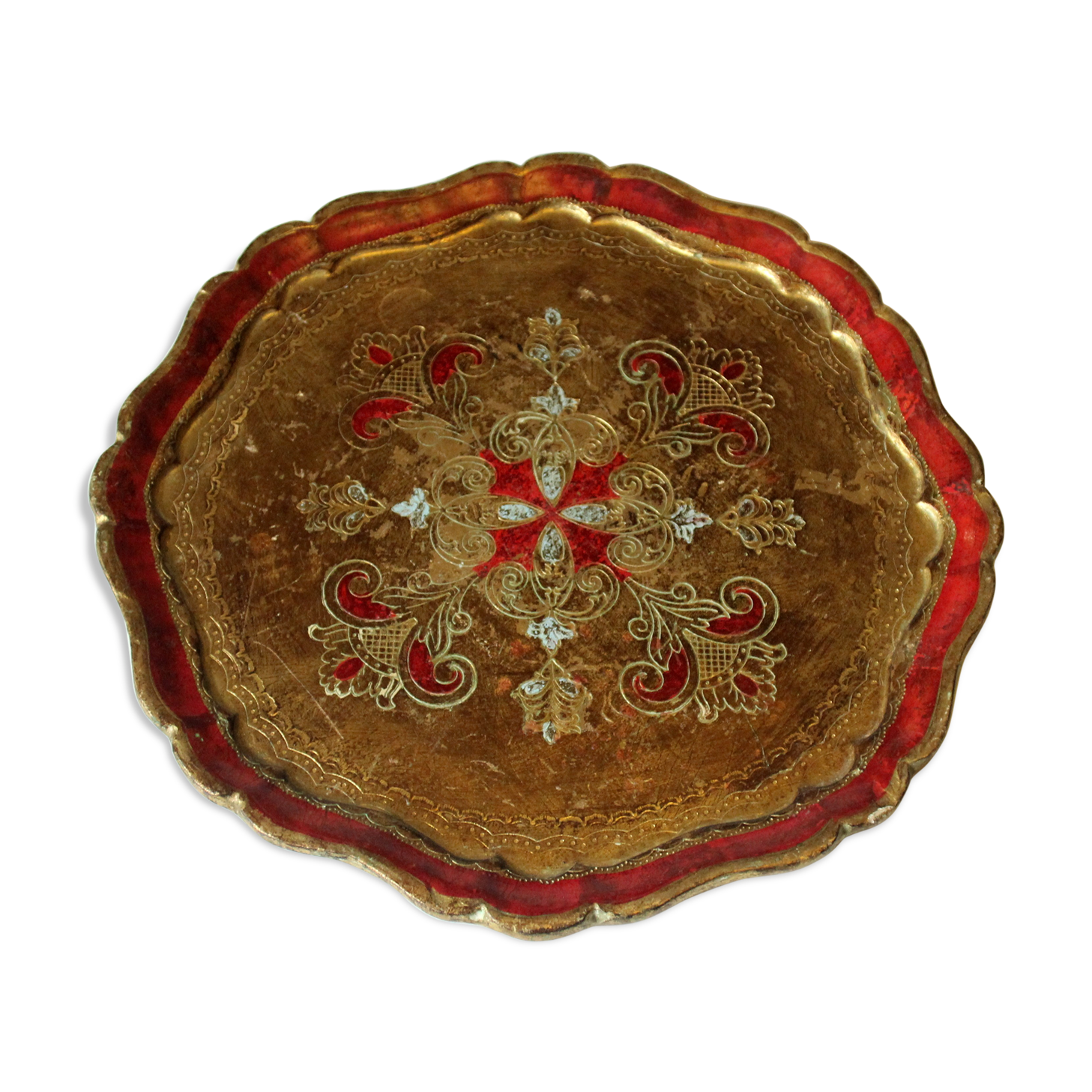 Round wooden florentine tray, vintage from the 1960s