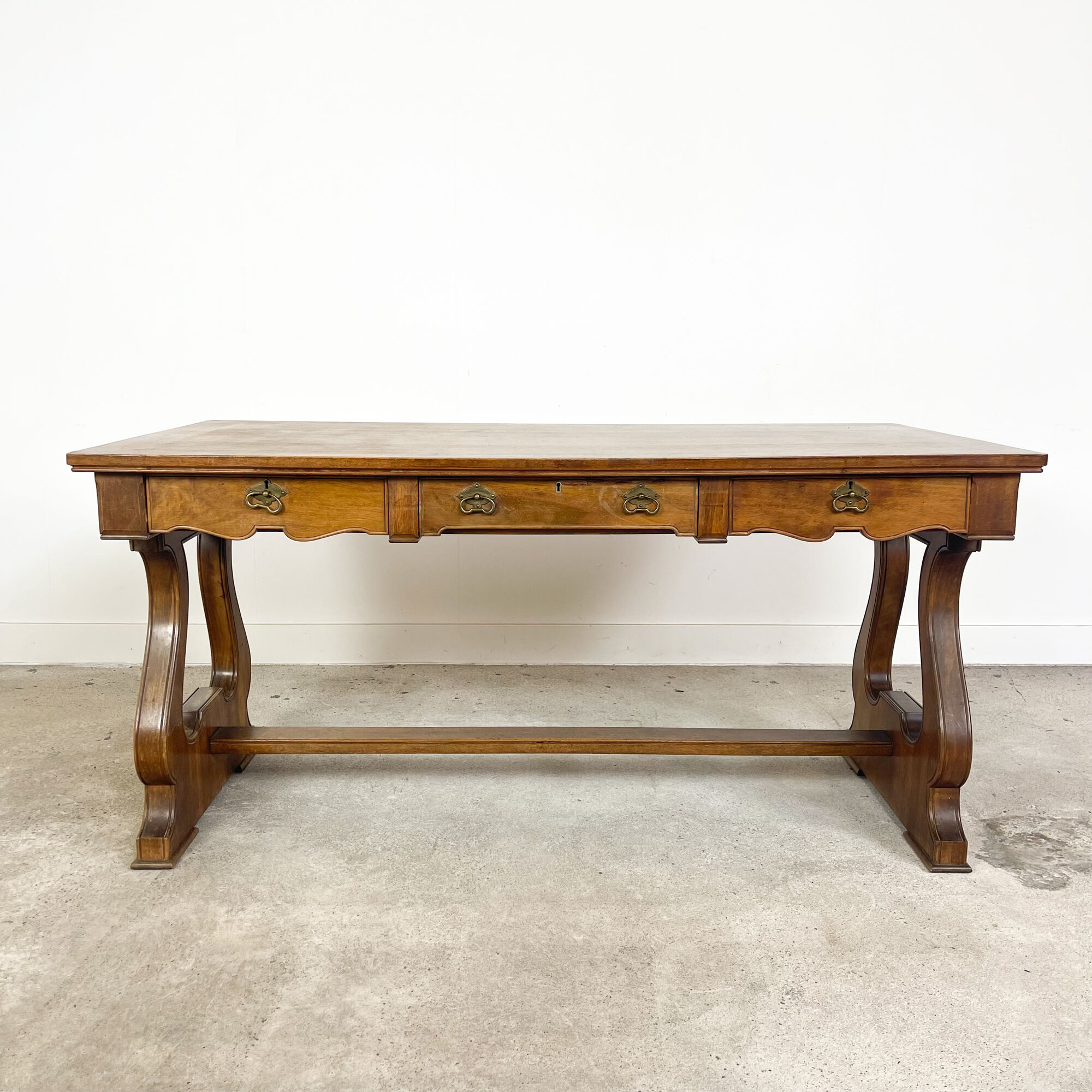 Vintage mahogany harp base desk table with drawers