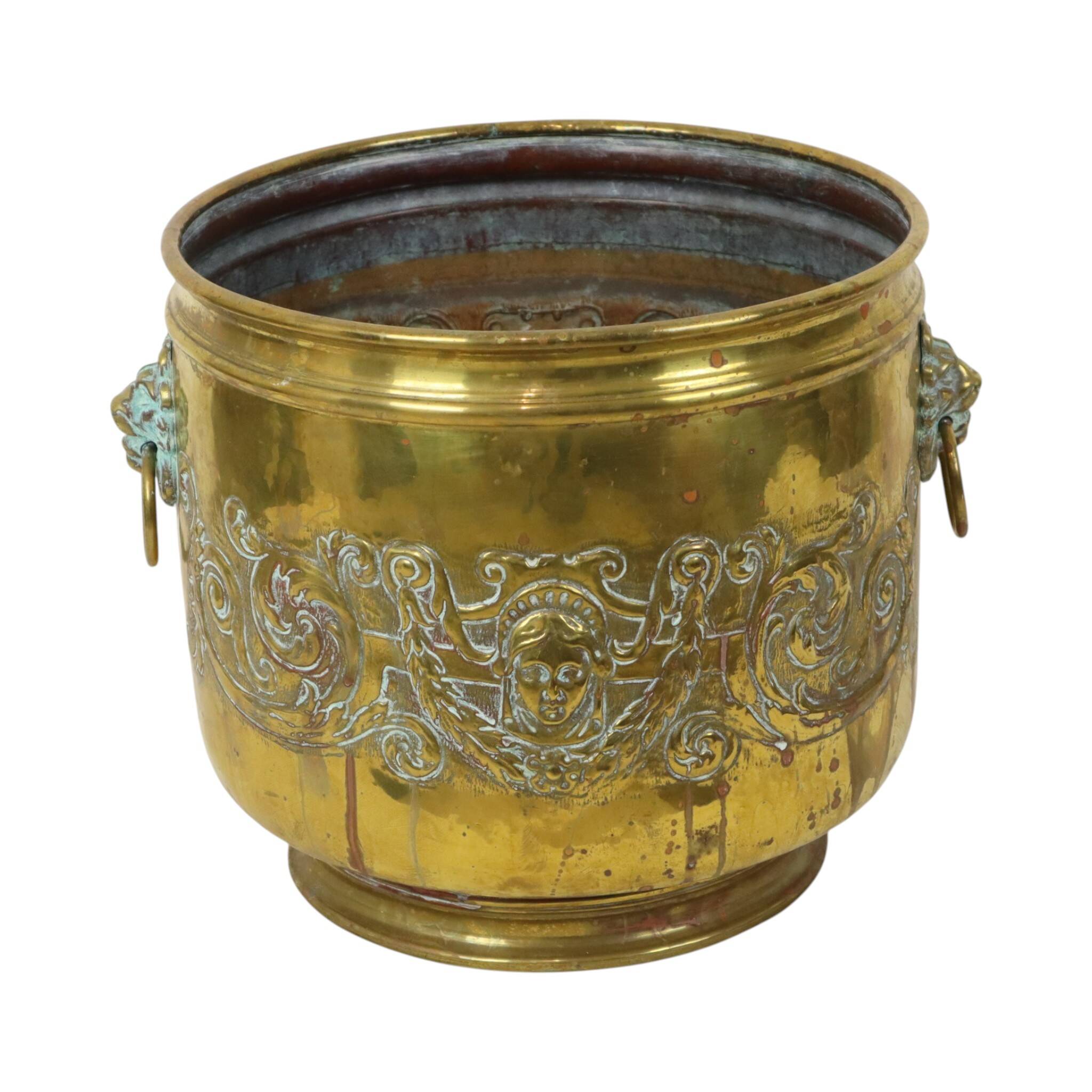 Large Brass Planter Jardinière Firewood Repoussé ca 1900