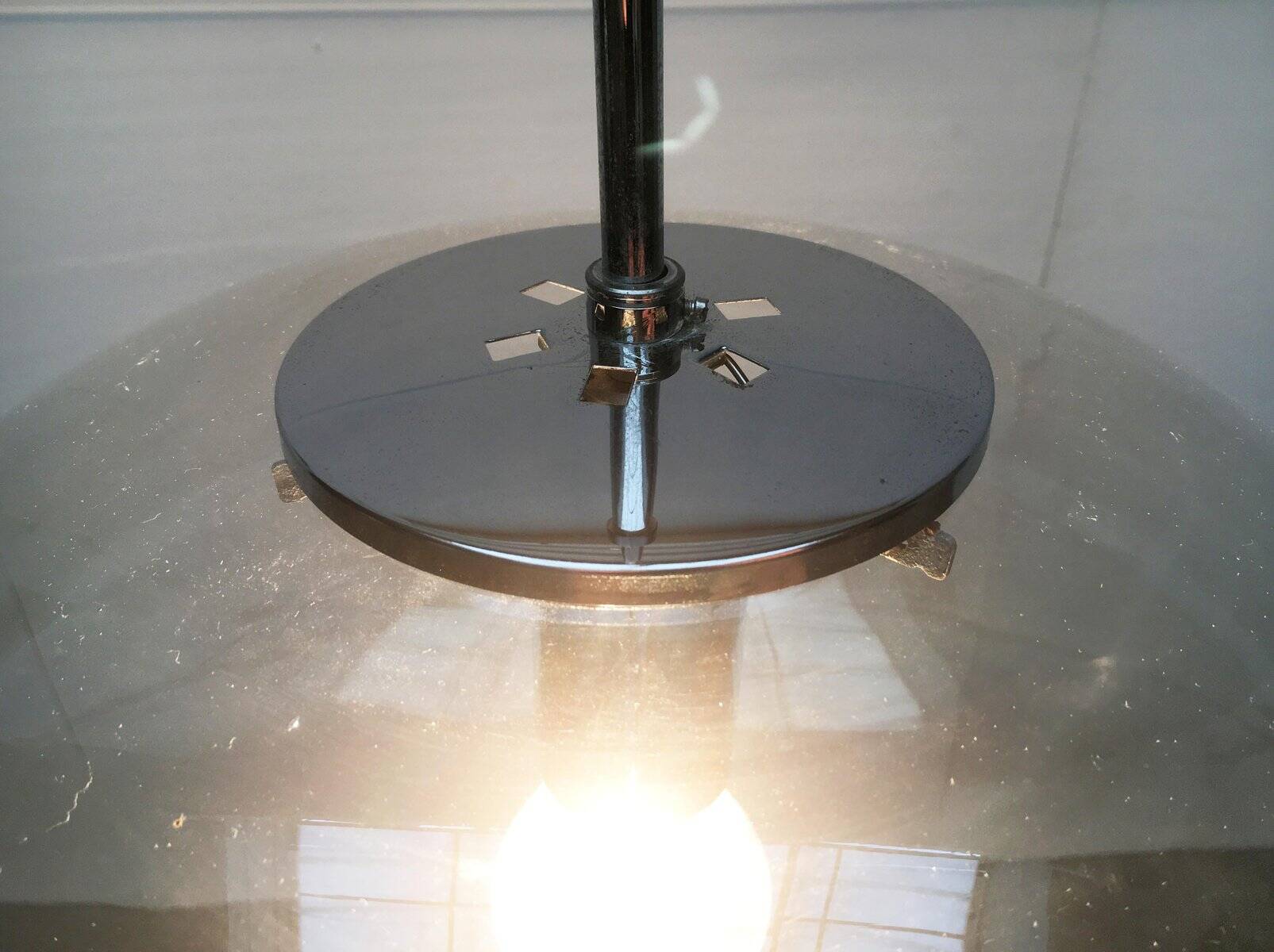 Suspended UFO-shaped glass luminaires in mid-century German Space Age style, set of 3.