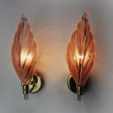 Pair of pink leaf sconces, mazzega murano, italy 1970