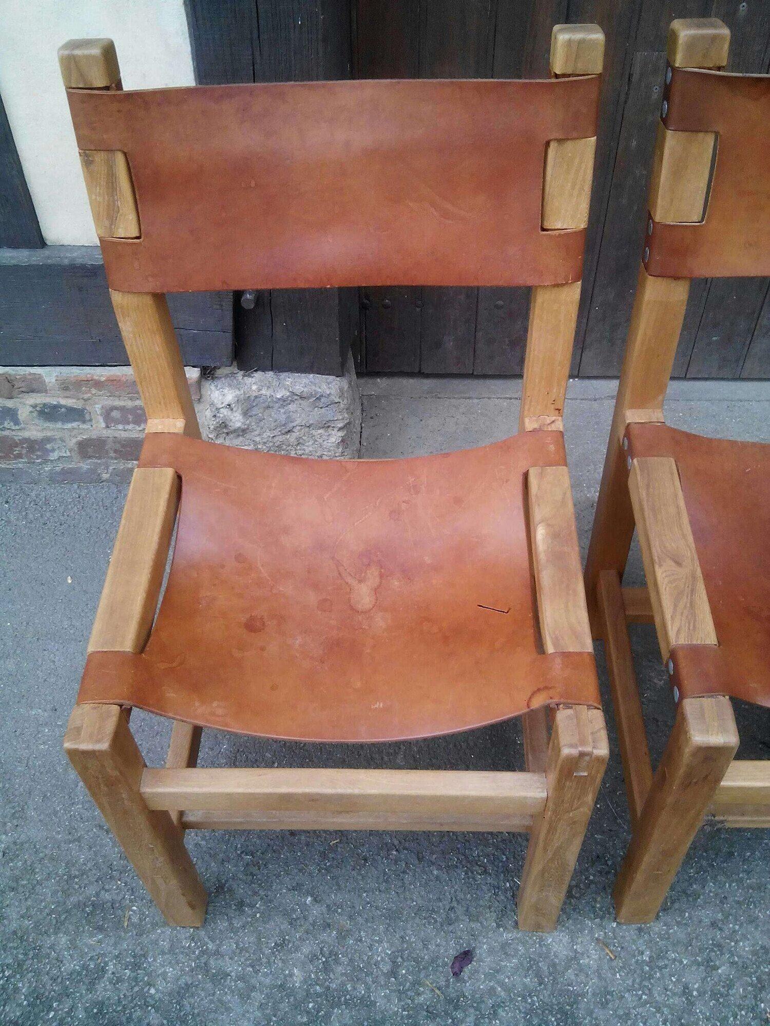 Serie de 4 chaises orme et cuir, maison regain