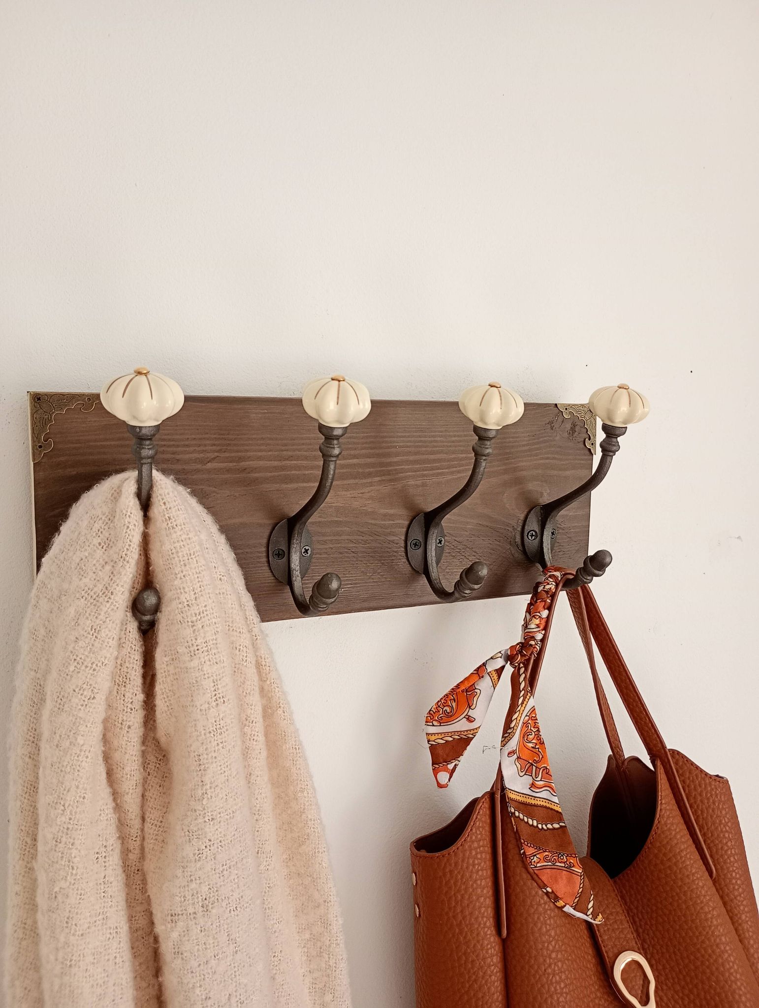Wall-mounted coat rack wood hook cast iron and ceramic - handmade