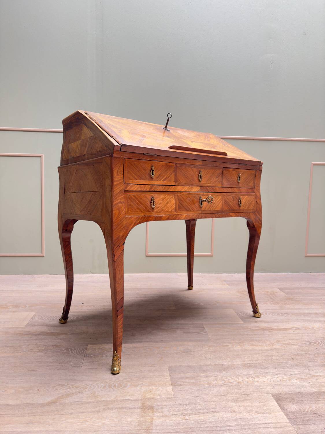 Carel Jacques-philippe Curved Sloping Desk In Louis XV Period Marquetry Stamped