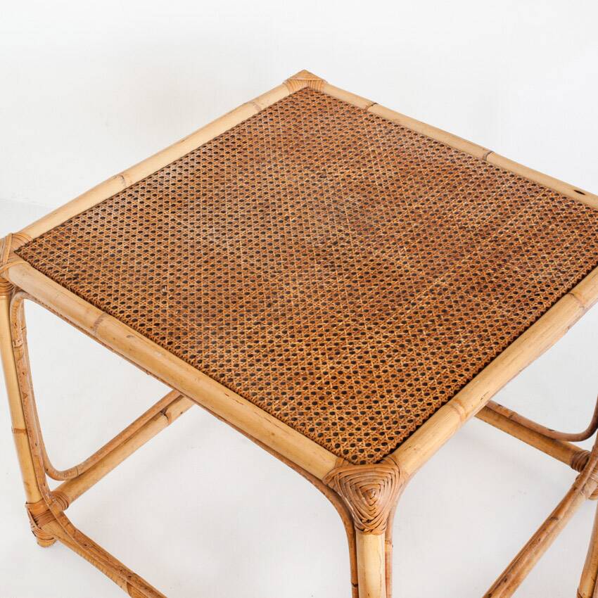 Set of three vintage nesting tables in cane. France, 1960s