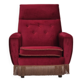 Fauteuil danois à dossier haut des années 1970, état d'origine, velours d'ameublement rouge.