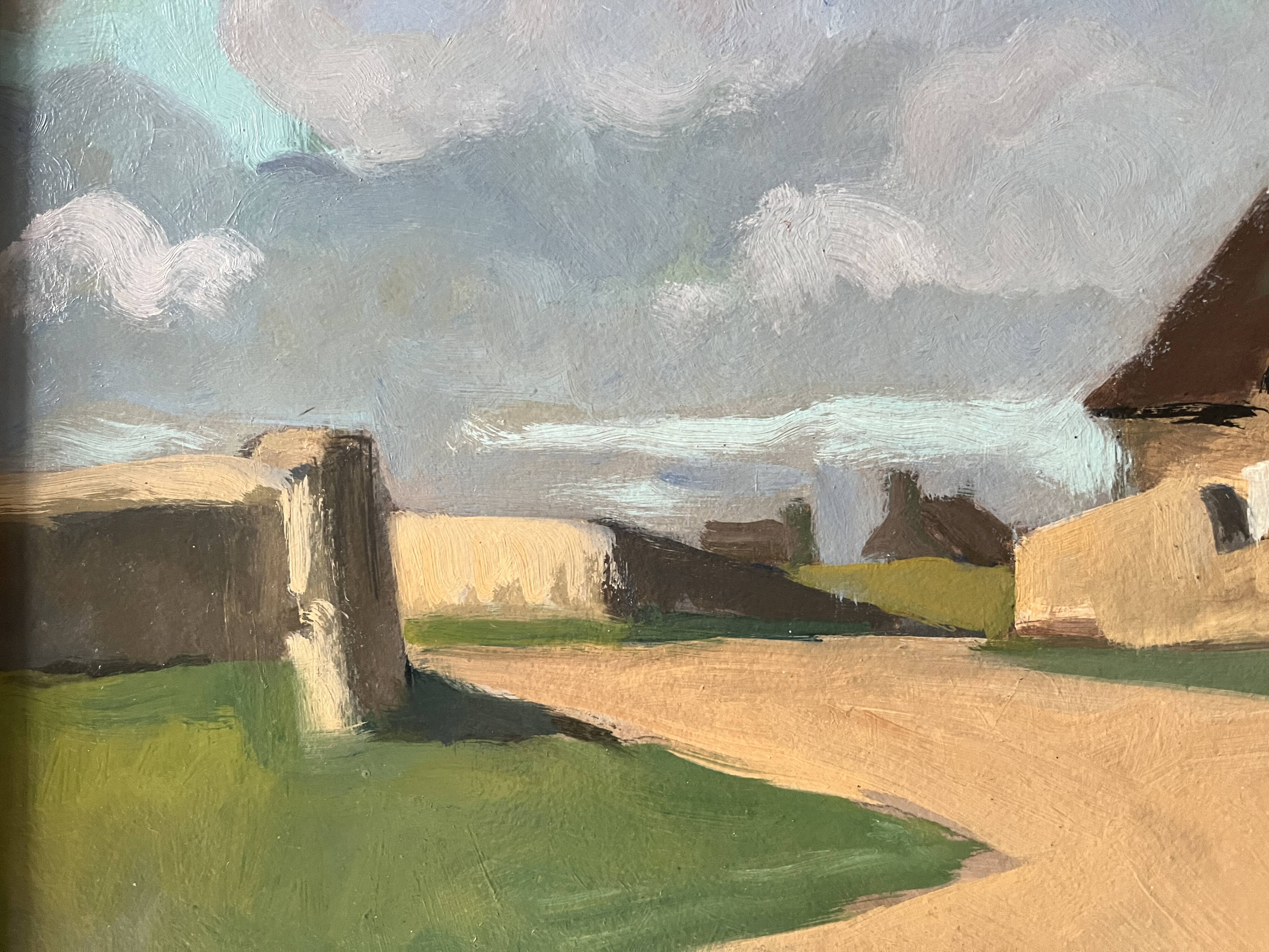 Large oil on panel of a Breton landscape 1950, antique painting signed.