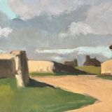 Large oil on panel of a Breton landscape 1950, antique painting signed.