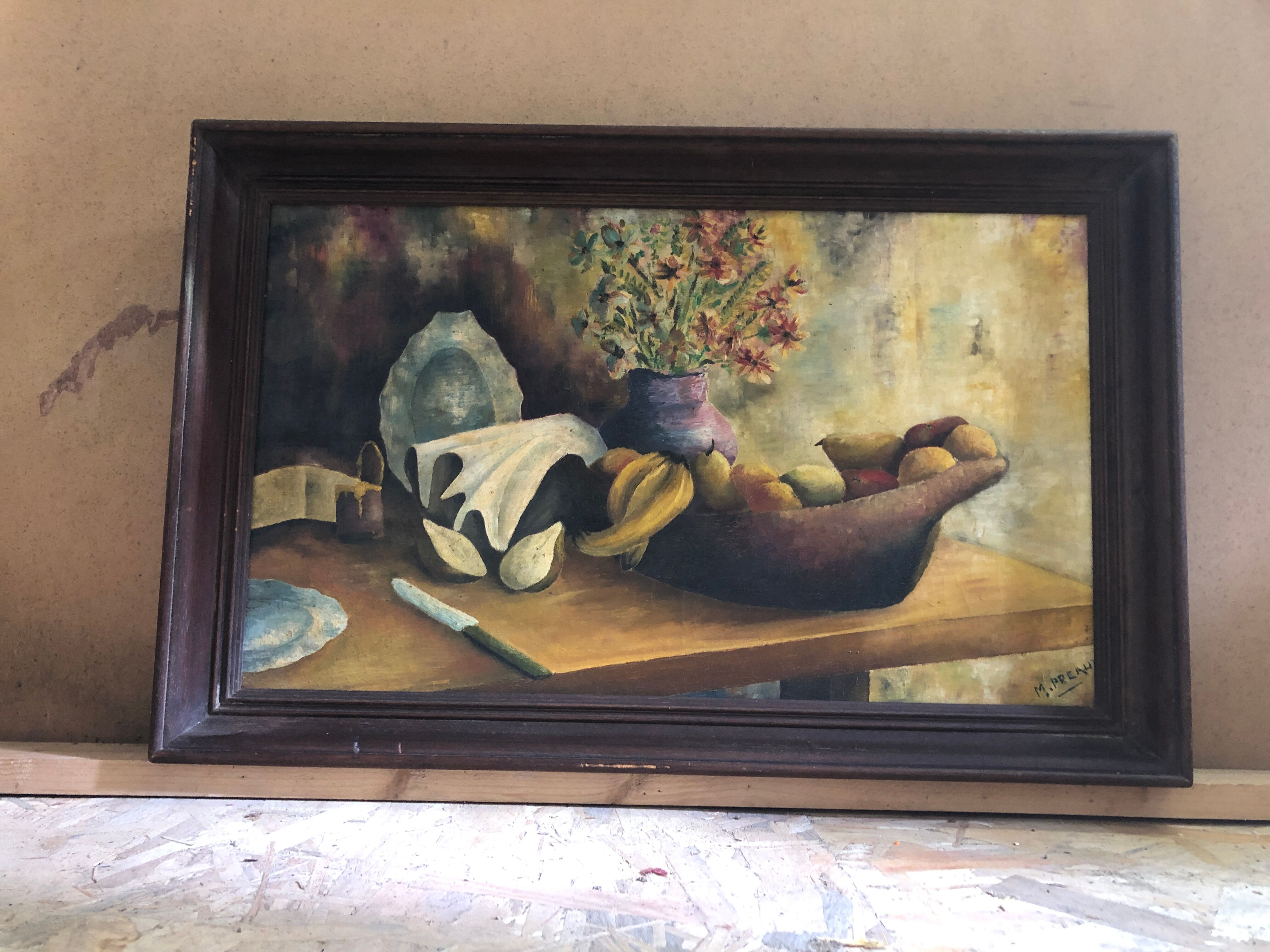 Painting old oil on canvas m. preaux still life + vintage wood frame