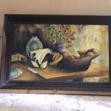 Tableau ancien huile sur toile M. Preaux nature morte + cadre bois vintage