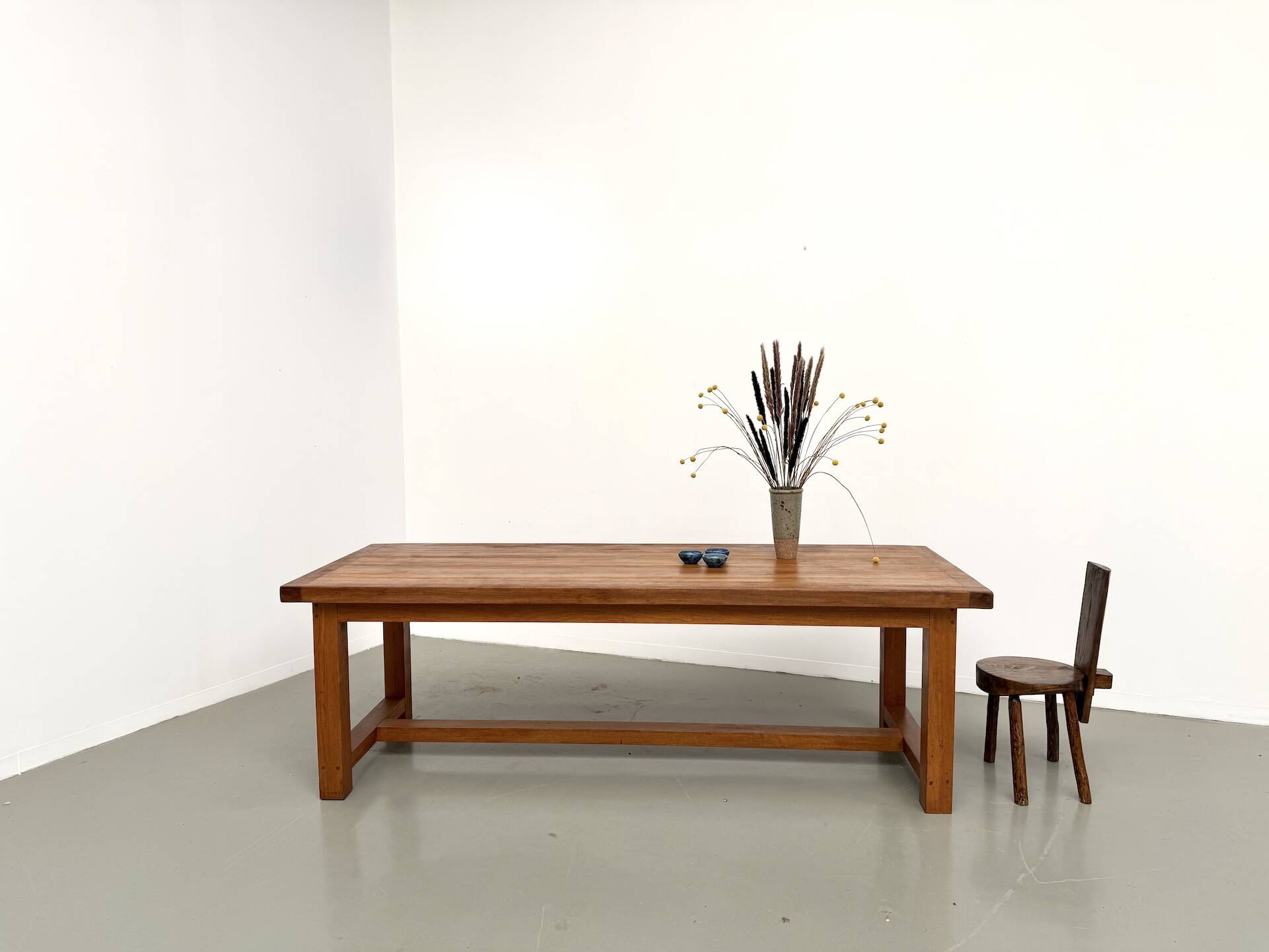 Large modernist farmhouse table in solid beech, thick dowelled top.