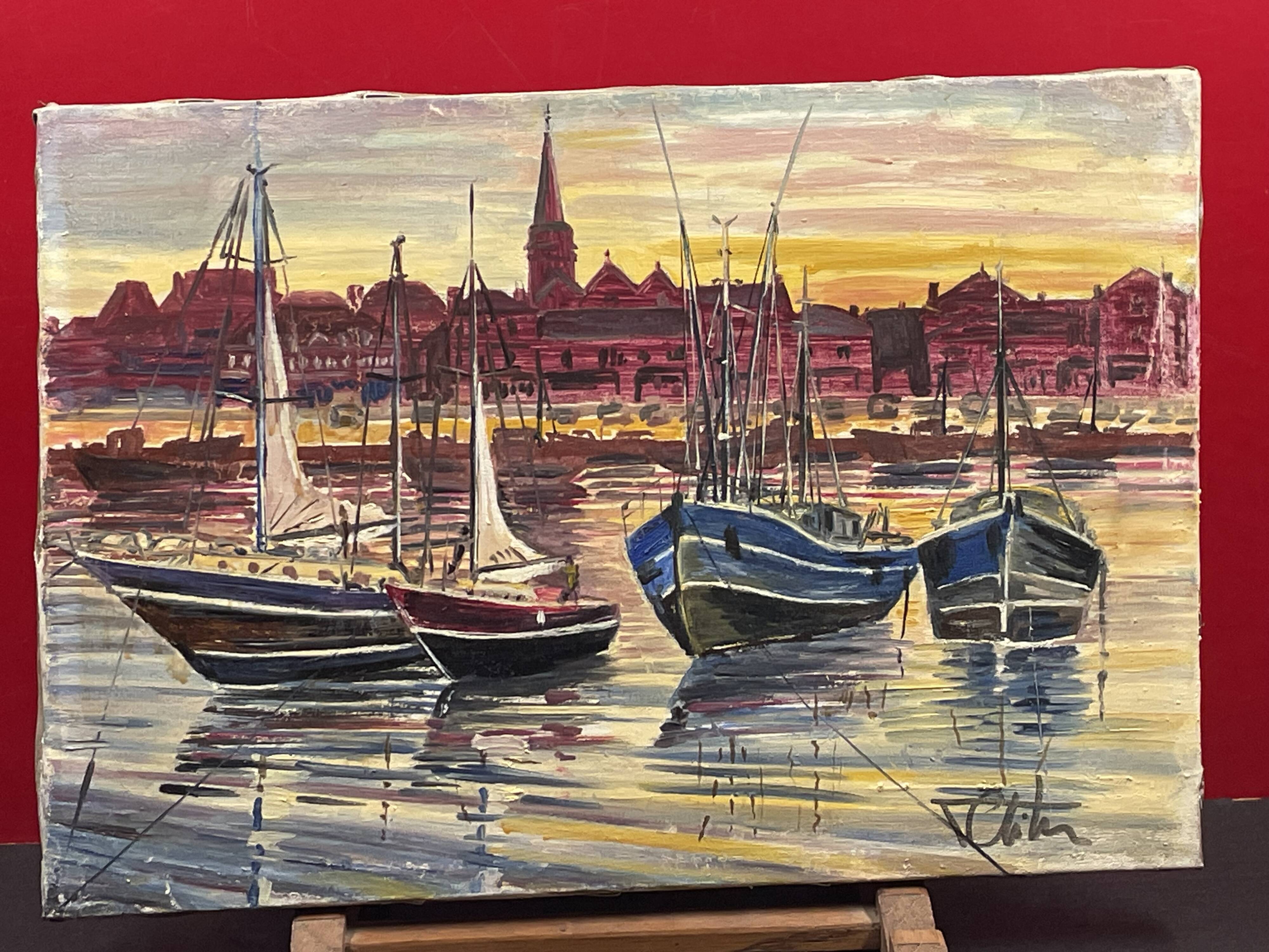 Painting Oil on canvas, Marine, Boat at anchor signature to identify