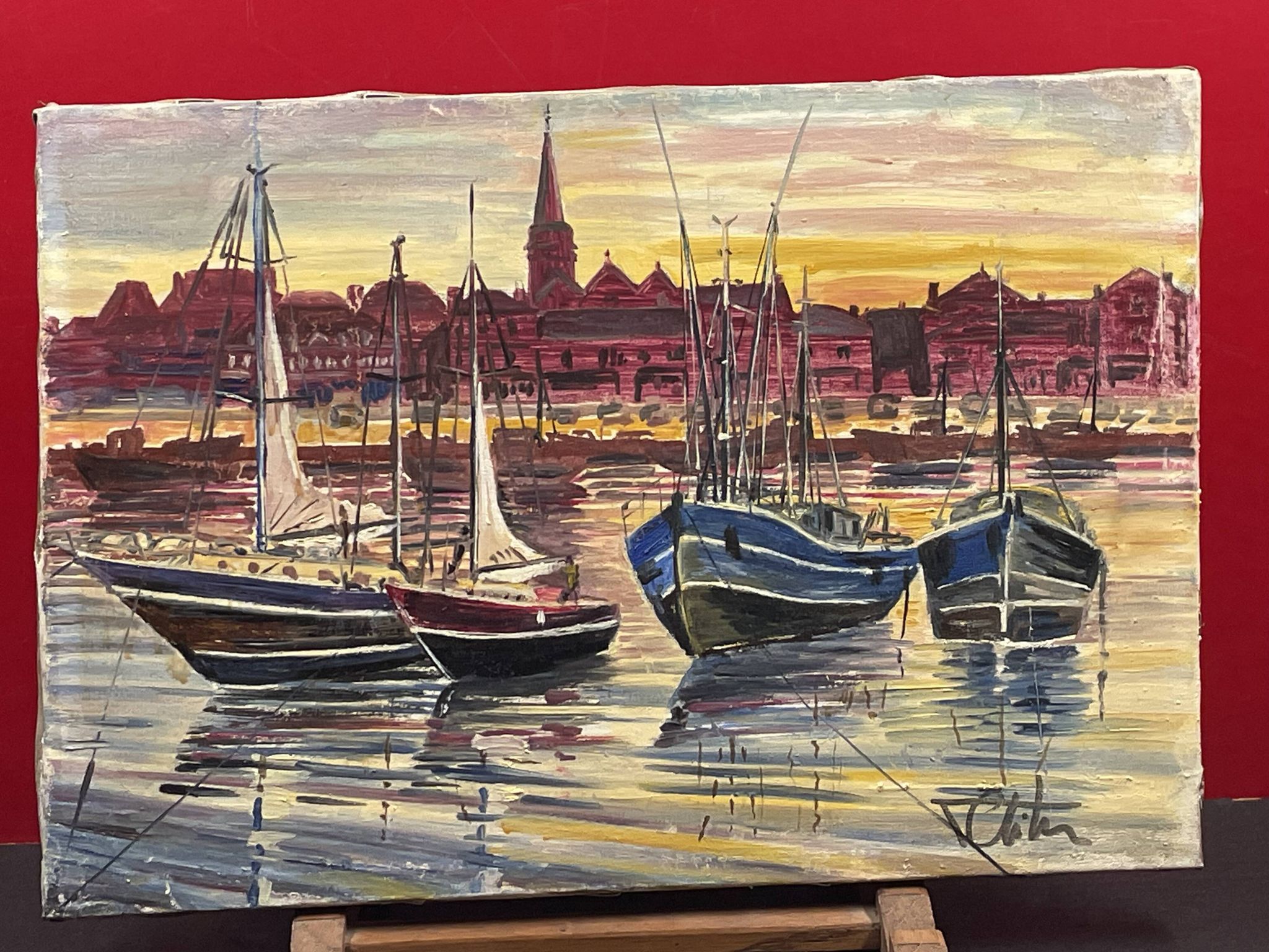 Painting Oil on canvas, Marine, Boat at anchor signature to identify