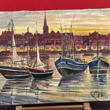 Painting Oil on canvas, Marine, Boat at anchor signature to identify