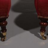Pair of French red fabric button back armchairs