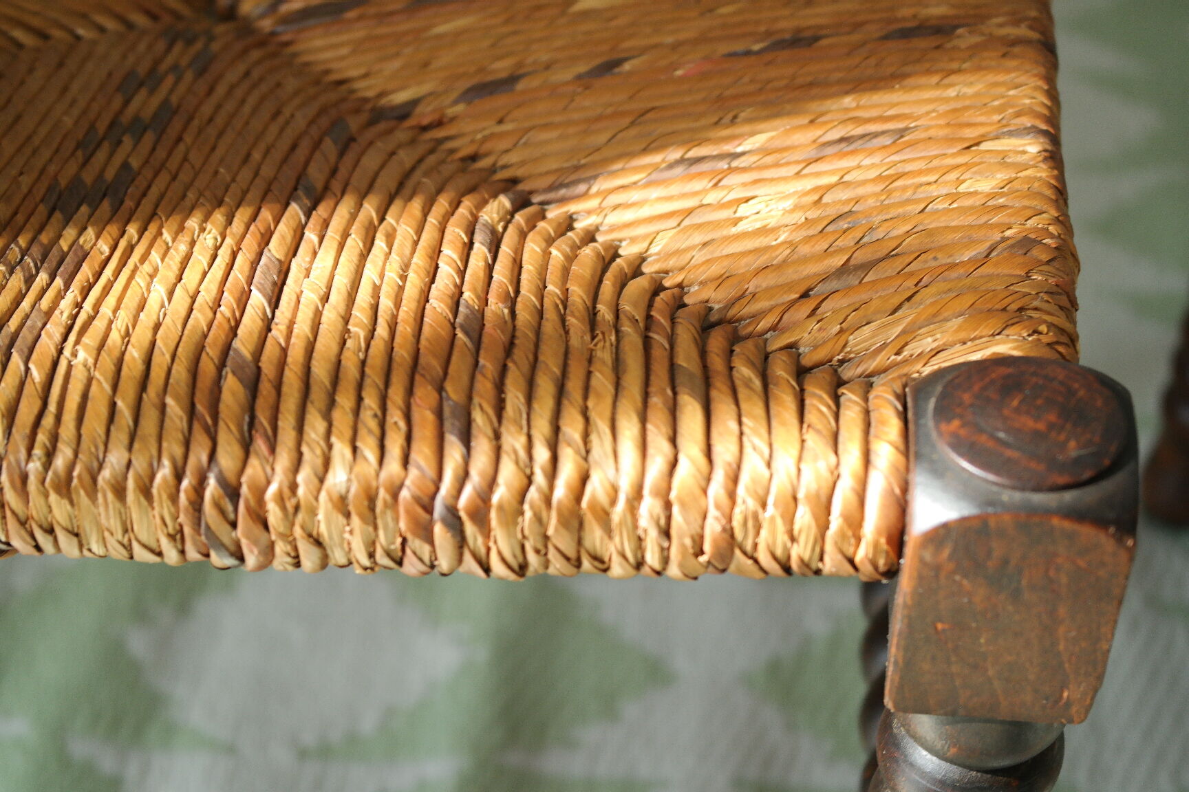 Pair of chairs corner fireplace turned beaded wood