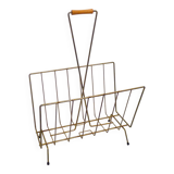 Mid-century openwork magazine rack, in gold metal & wooden handle.